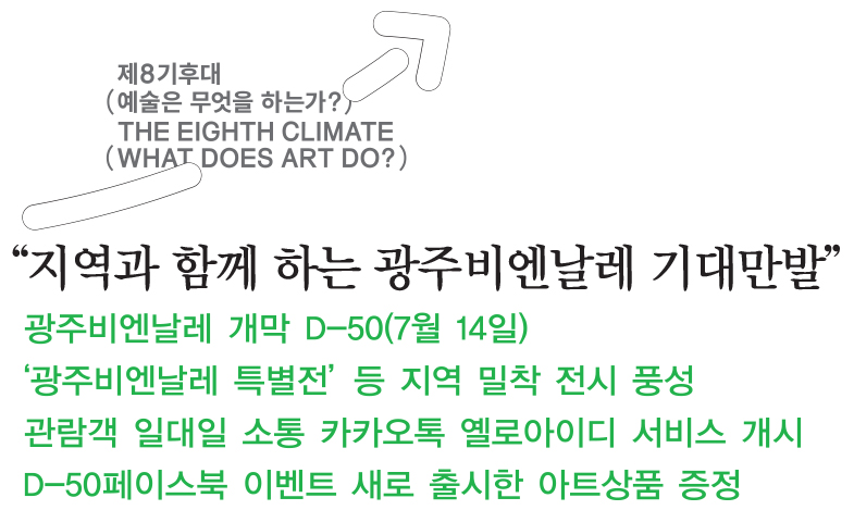 지역과 함께 하는 광주비엔날레 기대만발 지역과 함께 하는 광주비엔날레 기대만발, 광주비엔날레 개막 D-50(7월 14일), 광주비엔날레 특별전’ 등 지역 밀착 전시 풍성, 관람객 일대일 소통 카카오톡 옐로아이디 서비스 개시, D-50페이스북 이벤트 새로 출시한 아트상품 증정
