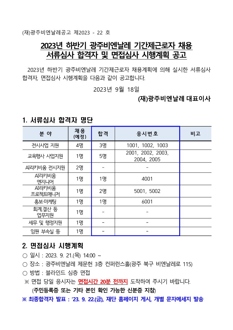 2023 하반기 광주비엔날레 기간제근로자 채용 서류심사 합격자 및 면접심사 시행계획 공고_1.jpg