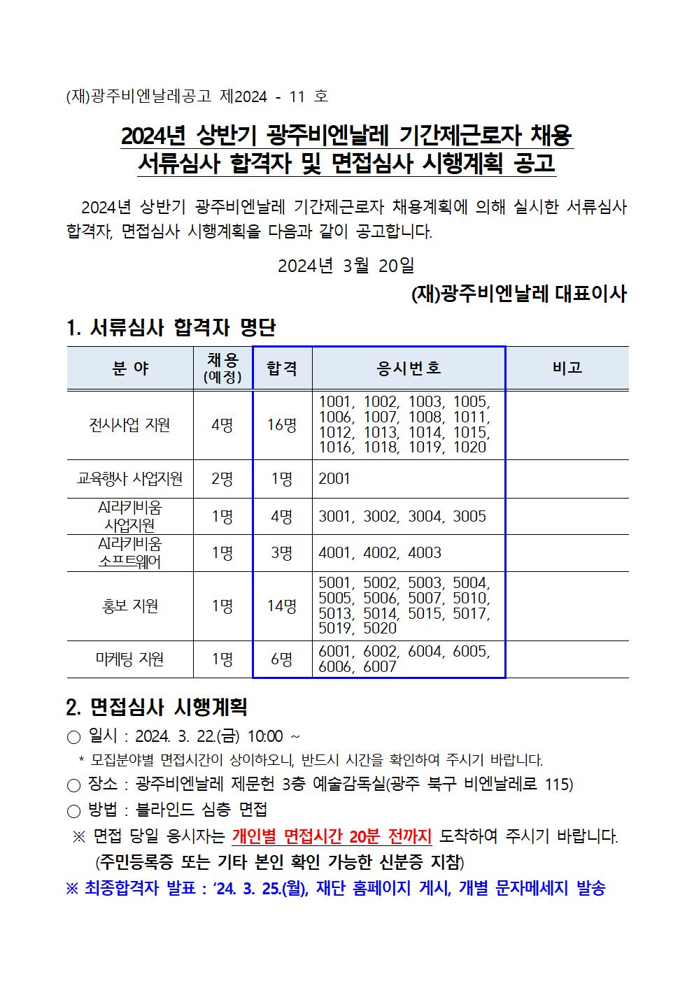 2024 상반기 광주비엔날레 기간제근로자 채용 서류심사 합격자 및 면접심사 시행계획 공고001.jpg