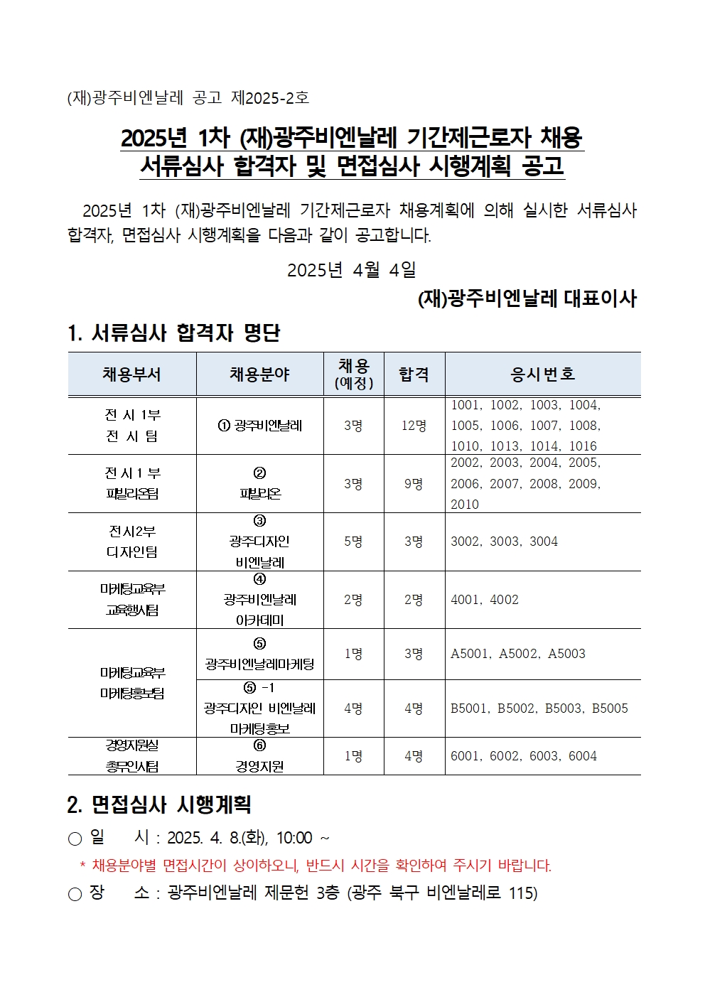 2025년 1차 광주비엔날레 기간제근로자 채용 서류심사 합격자 및 면접심사 시행계획 공고001.jpg